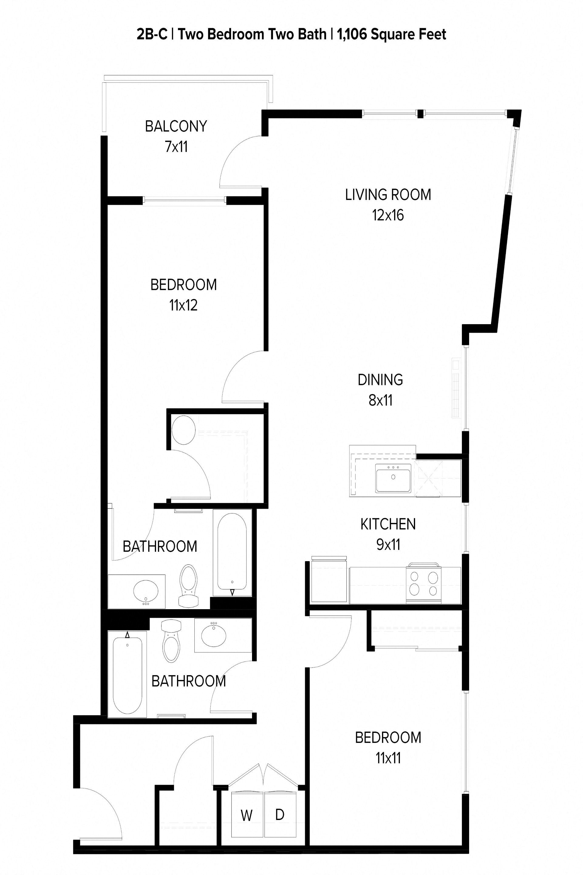 Floor plan for 2 beds, 2 baths, 1106 sqft